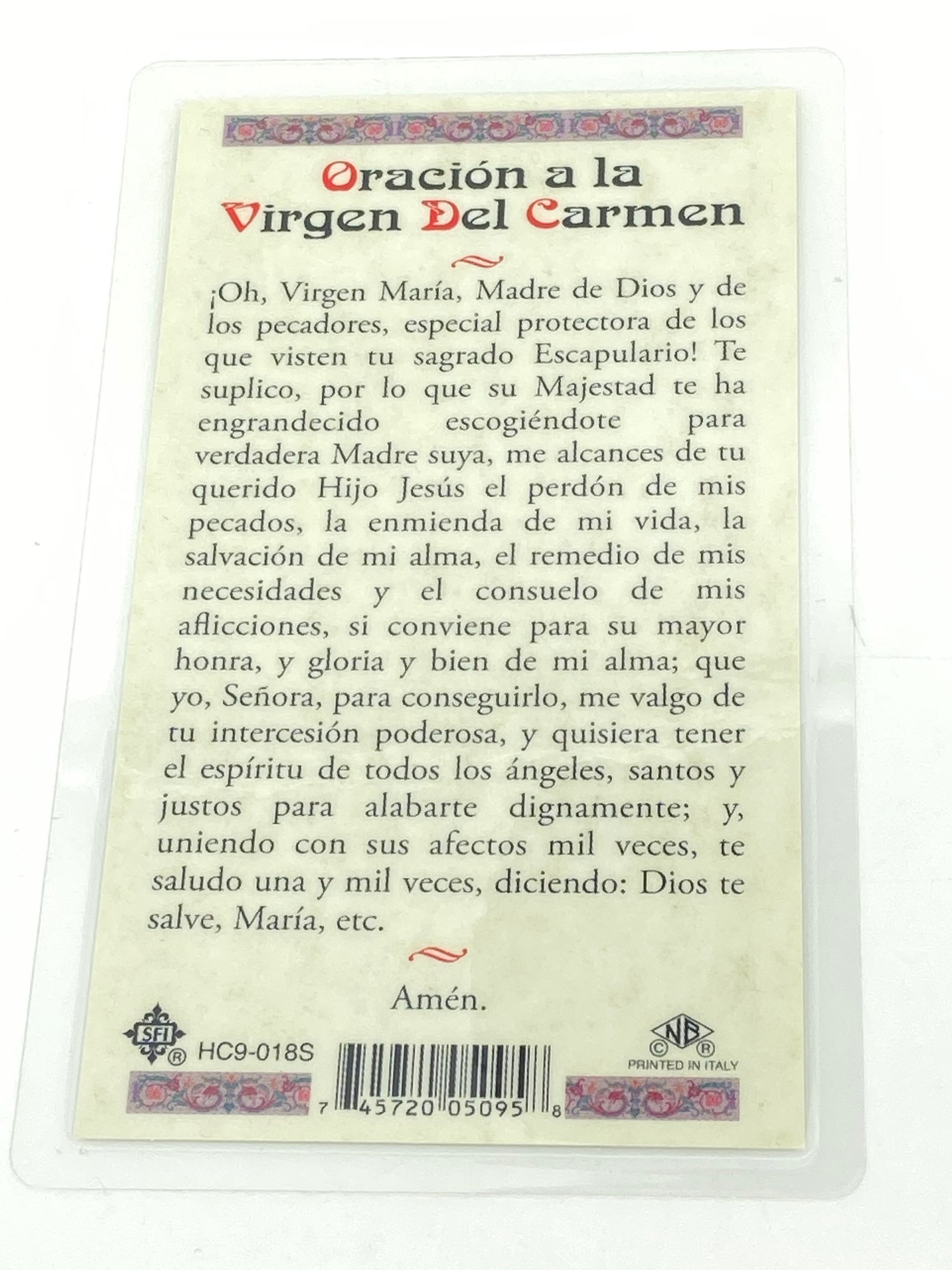 Virgen de Carmel Tarjeta Sagrada laminada (Cubierta de Plástico) - Unique Catholic Gifts