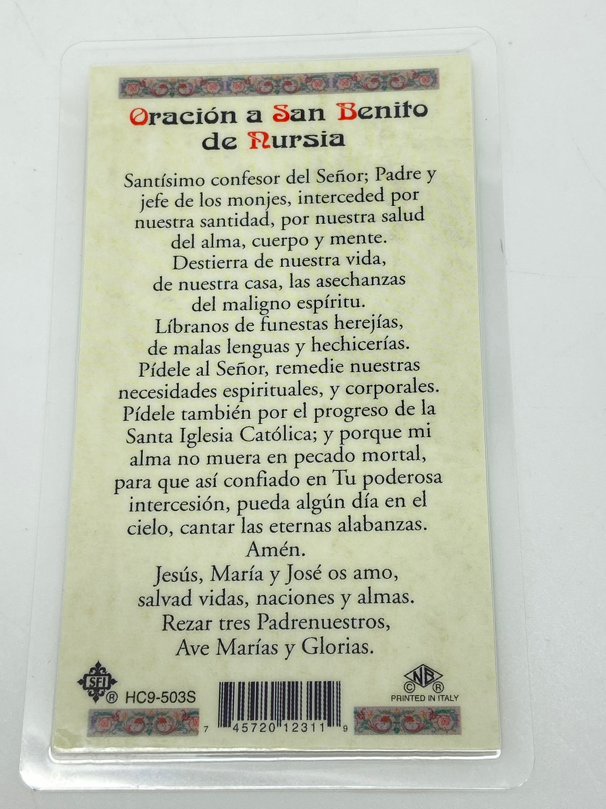 San Benito de Nursia Tarjeta Sagrada laminada (Cubierta de Plástico) - Unique Catholic Gifts