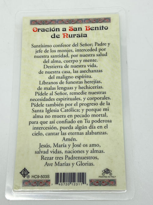 San Benito de Nursia Tarjeta Sagrada laminada (Cubierta de Plástico) - Unique Catholic Gifts