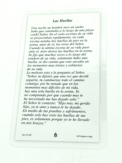 Las Huellas Tarjeta Sagrada laminada (Cubierta de Plástico) - Unique Catholic Gifts