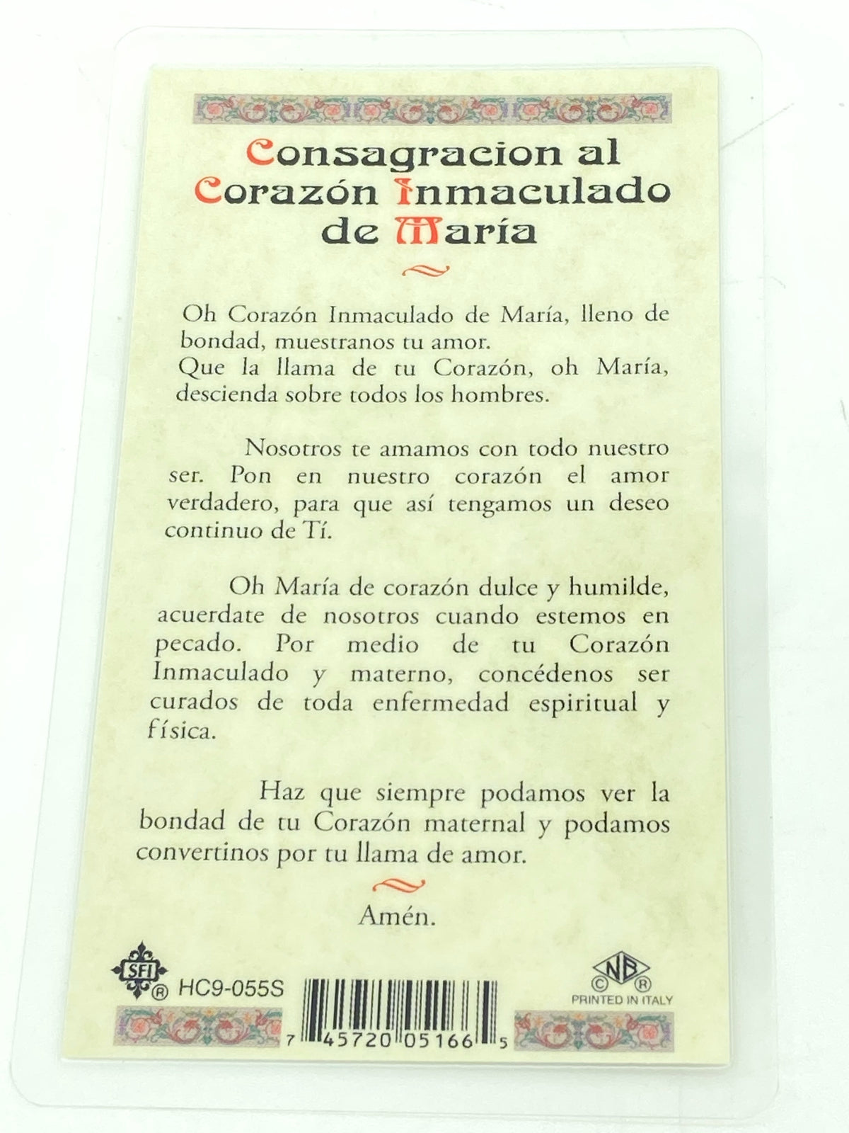 Consagracion al Corazon Inmaculado de Maria  Tarjeta Sagrada laminada (Cubierta de Plástico) - Unique Catholic Gifts