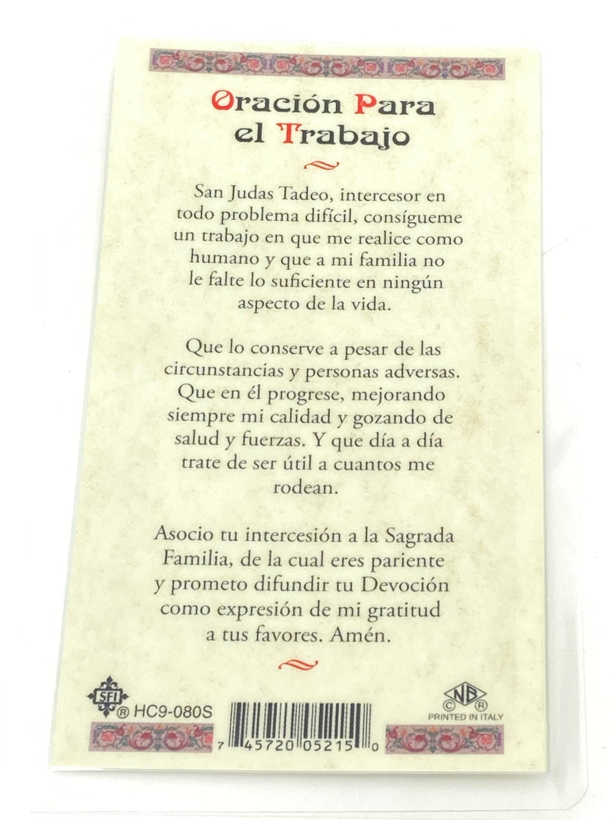 Judas Para el Trabajo Tarjeta Sagrada laminada(Cubierta de Plástico) - Unique Catholic Gifts