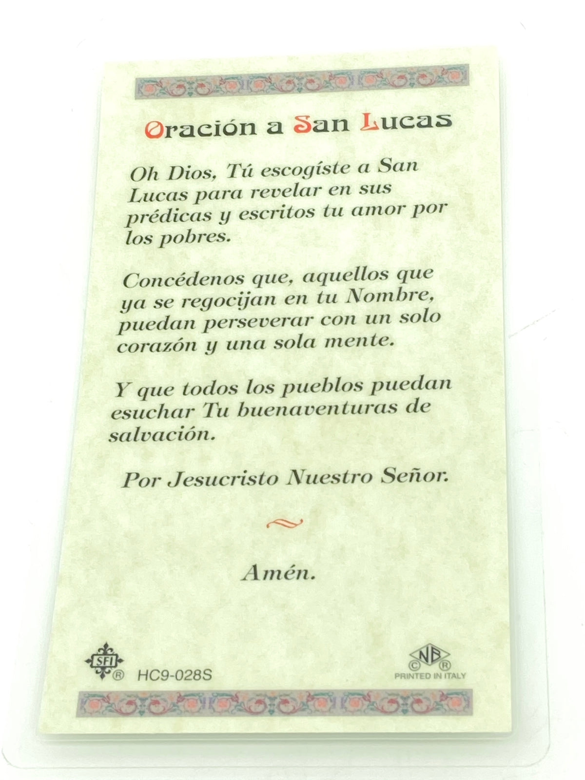 San Lucas Tarjeta Sagrada laminada (Cubierta de Plástico) - Unique Catholic Gifts