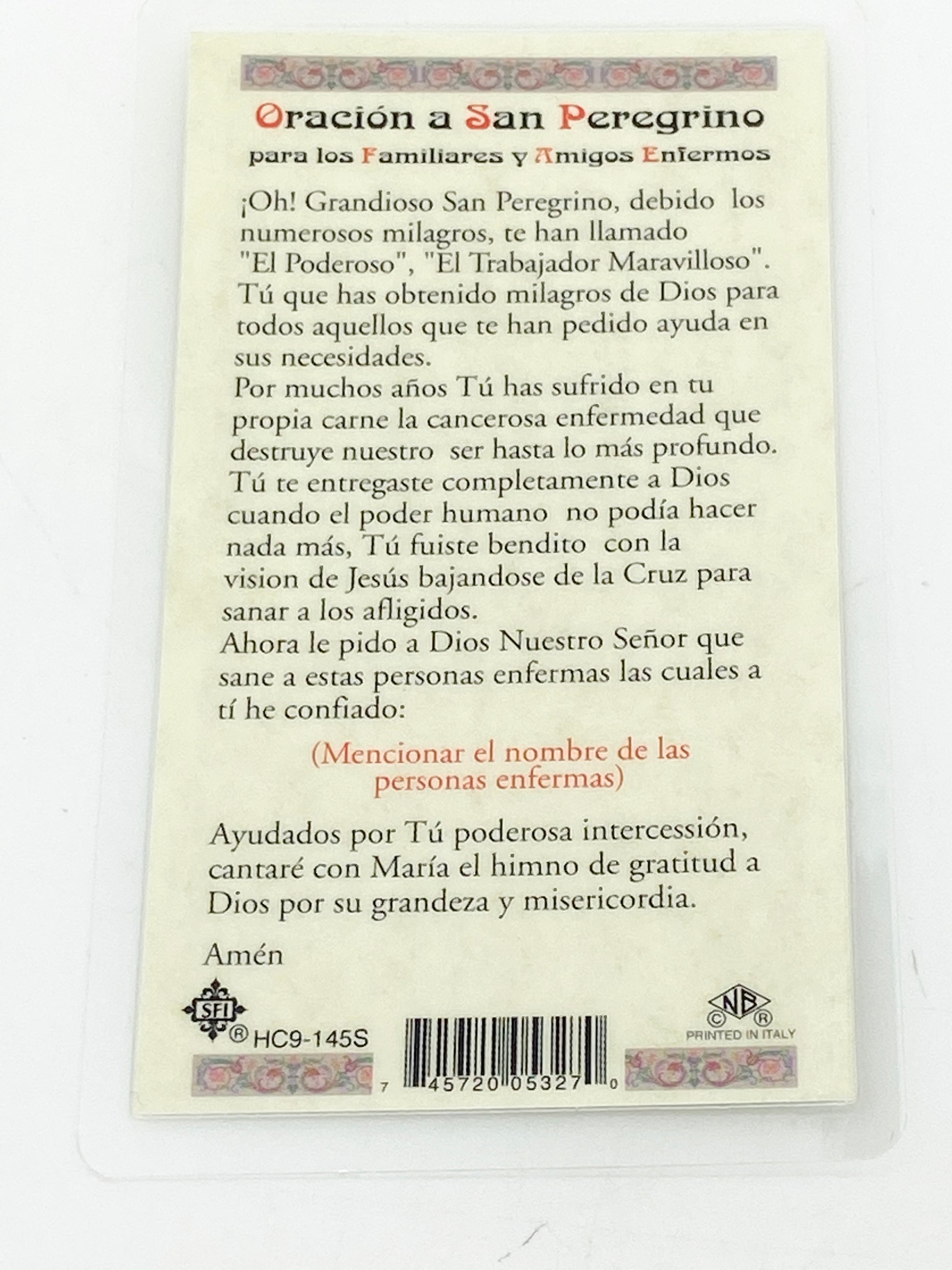 San Peregrino Tarjeta Sagrada laminada (Cubierta de Plástico) - Unique Catholic Gifts
