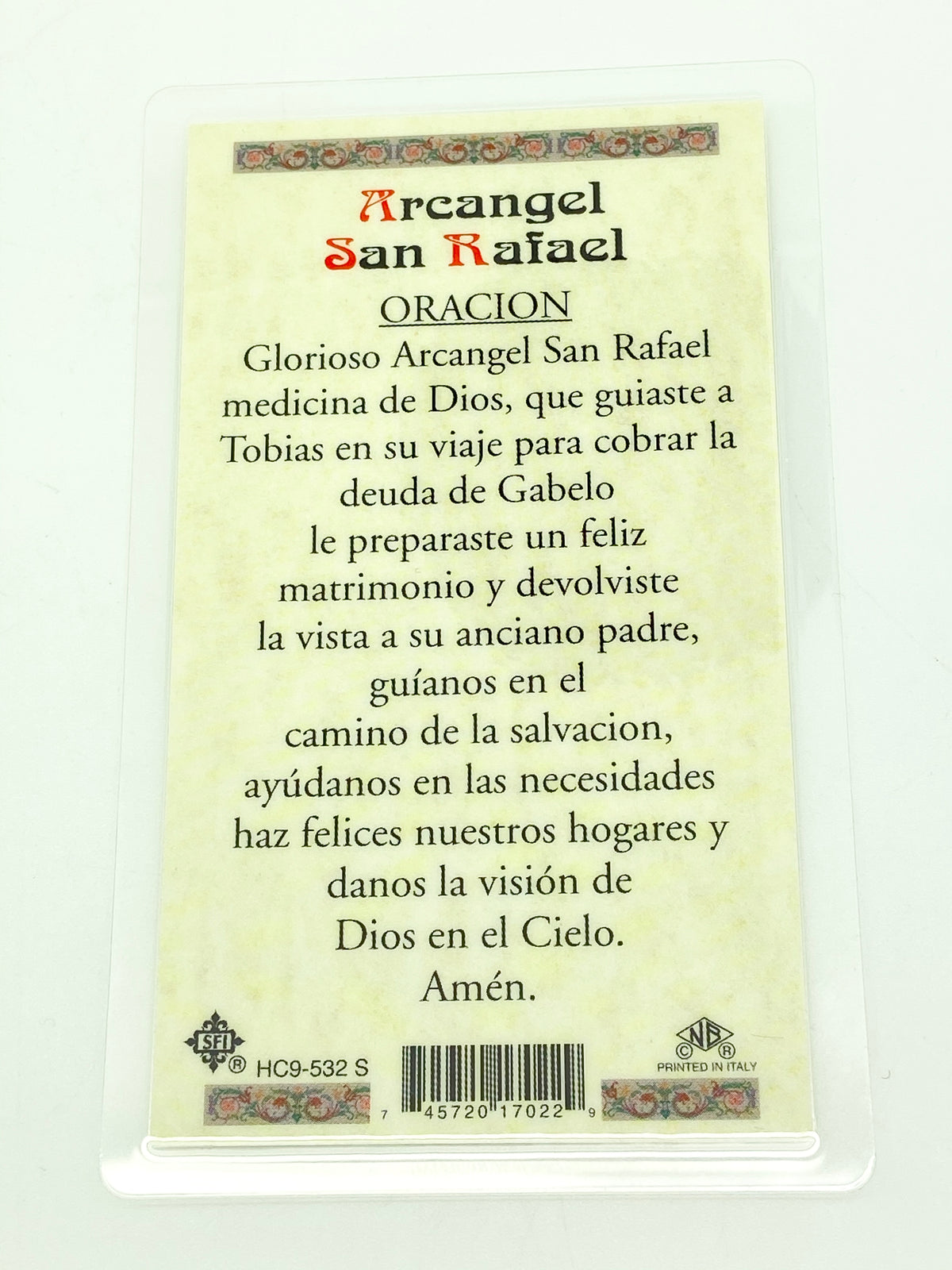 Arcangel San Rafael Tarjeta Sagrada laminada (Cubierta de Plástico) - Unique Catholic Gifts