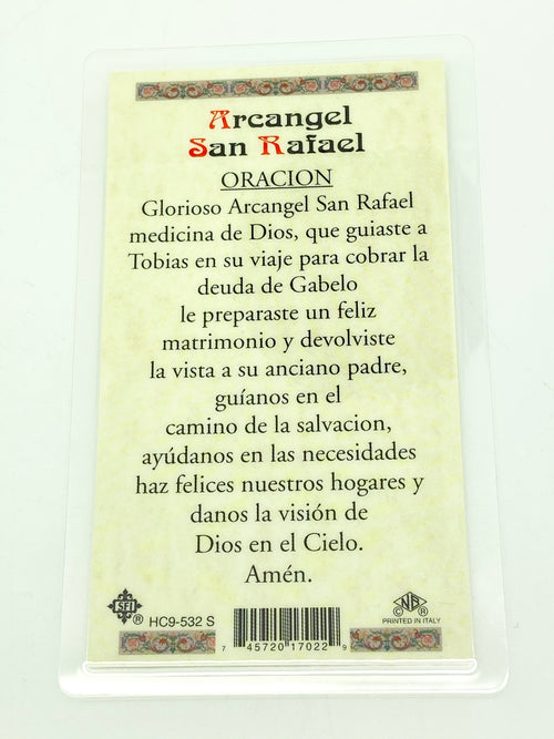 Arcangel San Rafael Tarjeta Sagrada laminada (Cubierta de Plástico) - Unique Catholic Gifts