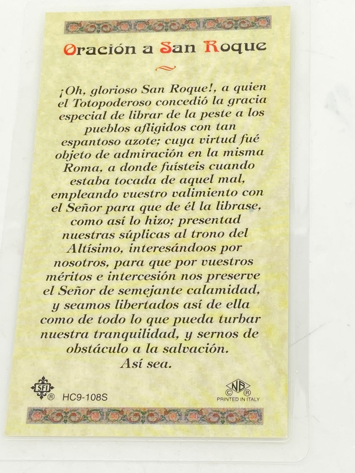 San Roque Tarjeta Sagrada laminada (Cubierta de Plástico) - Unique Catholic Gifts