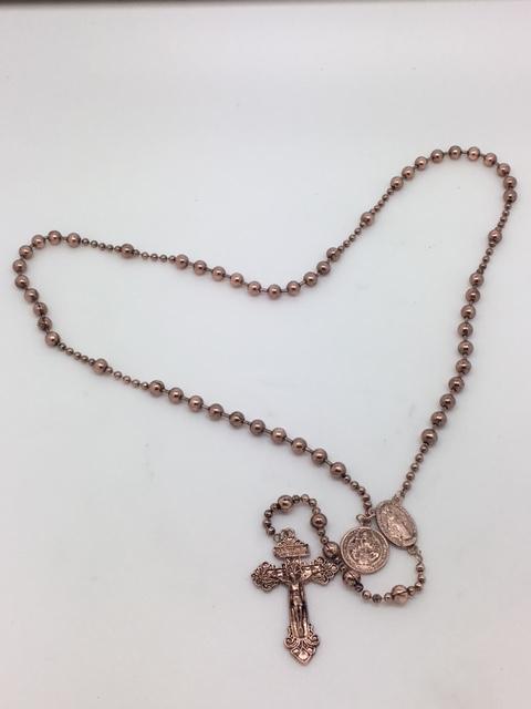 Copper-tone Metal Bead Rosary with Miraculous Medal and St. Benedict medal. - Unique Catholic Gifts