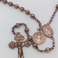 Copper-tone Metal Bead Rosary with Miraculous Medal and St. Benedict medal. - Unique Catholic Gifts