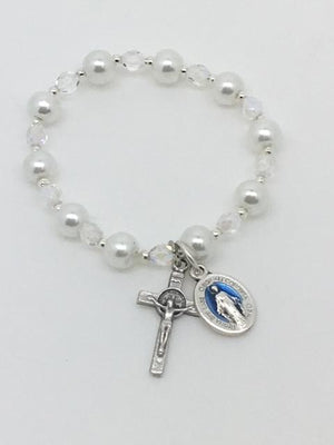 Baptism White Pearl glass beads with Crystal Czech accent beads. (6MM) - Unique Catholic Gifts