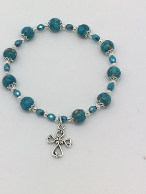 Mosaic Turquoise Beaded Rosary Bracelet with Silver Cross (8MM) - Unique Catholic Gifts