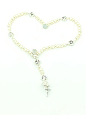 First Communion White Glass Pearl Coil Five Decade Wrist Rosary Bracelet - Unique Catholic Gifts