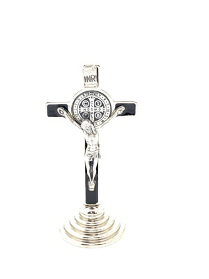 St. Benedict Auto Crucifix Black and Silver 3 1/2" - Unique Catholic Gifts