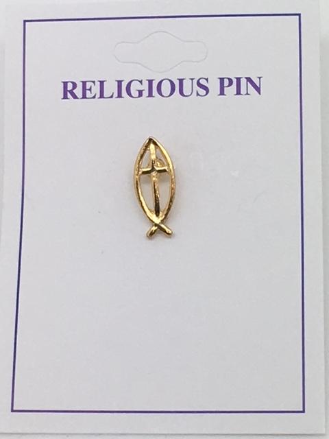 Cross with Fish Emblem Pin (Gold Plated) - Unique Catholic Gifts
