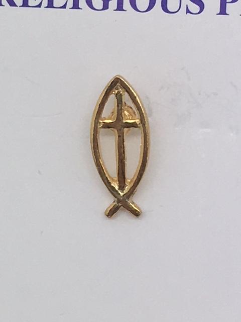 Cross with Fish Emblem Pin (Gold Plated) - Unique Catholic Gifts