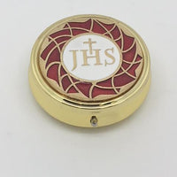 Pyx Red Enamel with Cross and JHS (Large) 2" x 1/2" - Unique Catholic Gifts