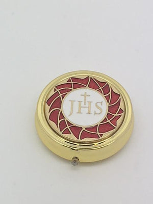 Pyx Red Enamel with Cross and JHS (Small) 1 3/4" x 1/4") - Unique Catholic Gifts