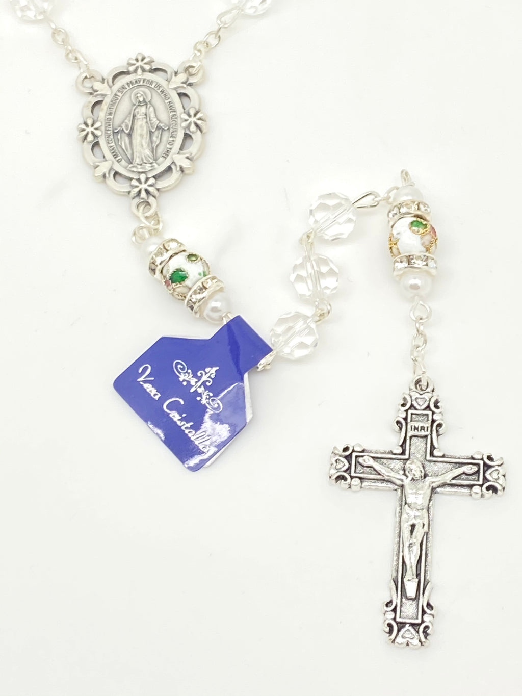 Clear Genuine Crystal and Cloisonné Rondelle Rosary - Unique Catholic Gifts