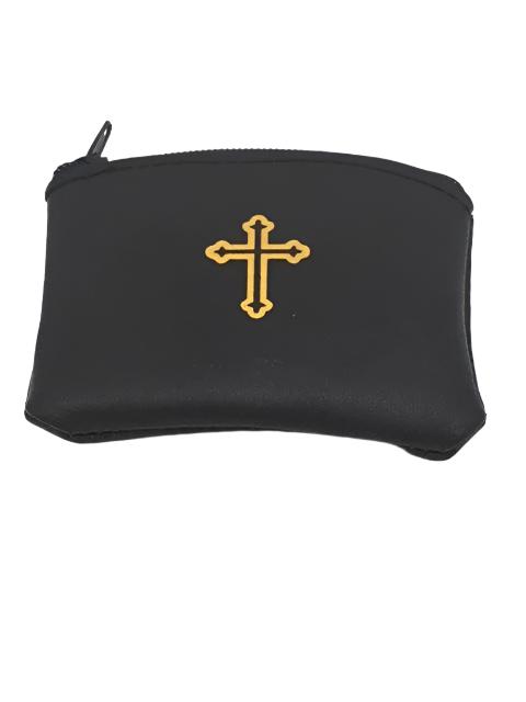 Black Genuine Leather with Cross Rosary Pouch (3 x 21/2") - Unique Catholic Gifts