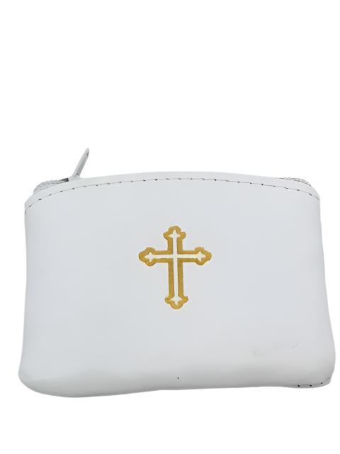 White Genuine Leather with Cross Rosary Pouch (3 x 21/2") - Unique Catholic Gifts