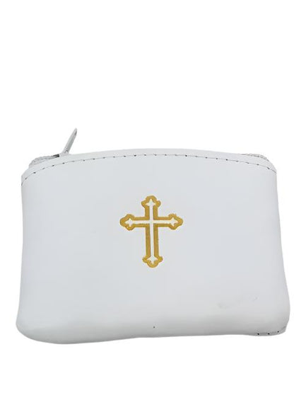 White Genuine Leather with Cross Rosary Pouch (3 x 21/2") - Unique Catholic Gifts