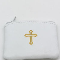 White Genuine Leather with Cross Rosary Pouch (3 x 21/2") - Unique Catholic Gifts