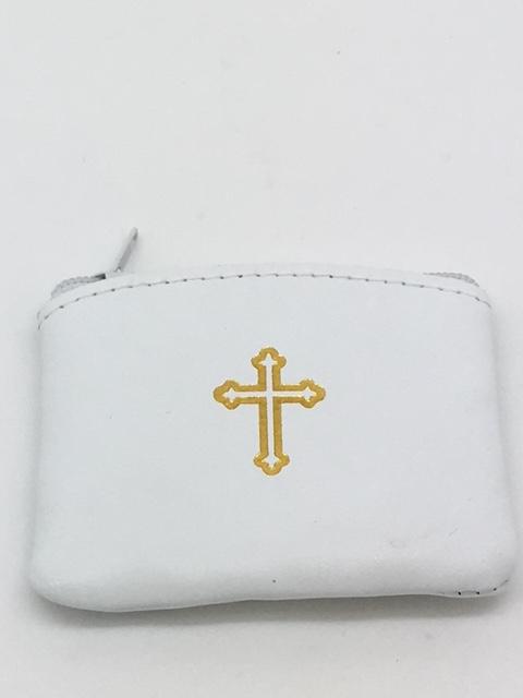 White Genuine Leather with Cross Rosary Pouch (3 x 21/2") - Unique Catholic Gifts