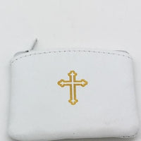 White Genuine Leather with Cross Rosary Pouch Large (4 x 3") - Unique Catholic Gifts