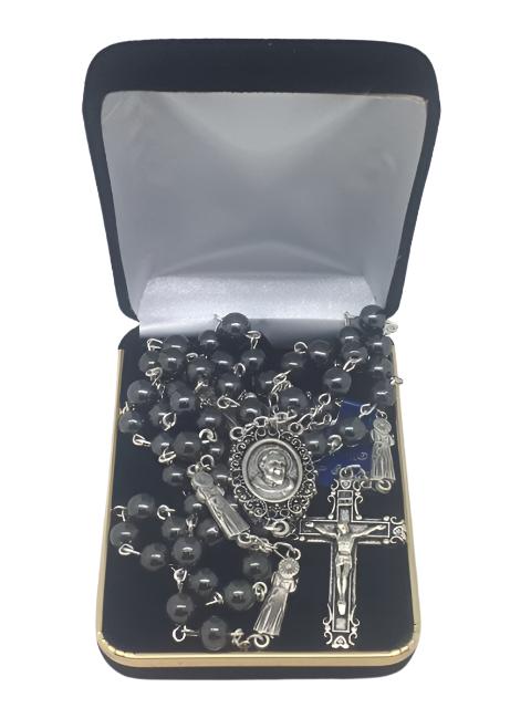 Padre Pio Hematite Rosary (7MM) - Unique Catholic Gifts