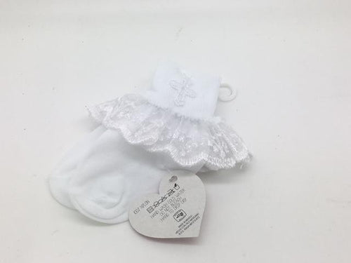 Girl's Baptismal Socks with Lace Trim and Cross (Size 0-0) - Unique Catholic Gifts