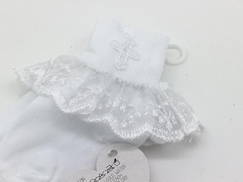 Girl's Baptismal Socks with Lace Trim and Cross (Size 0-0) - Unique Catholic Gifts