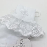 Girl's Baptismal Socks with Lace Trim and Cross (Size 0-0) - Unique Catholic Gifts