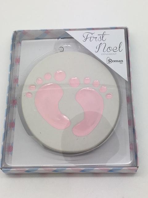 Baby's First Christmas Ornament Pink Foot Prints (4") - Unique Catholic Gifts