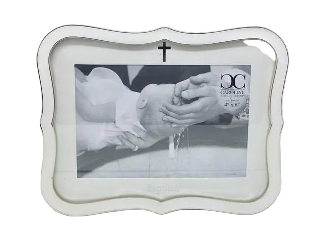 White Baptism Frame 8" (holds 4 x 6") - Unique Catholic Gifts
