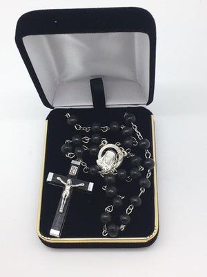 Black Wood Rosary with Medal Madonna Centerpiece and Wood and Metal Crucifix (7mm) - Unique Catholic Gifts