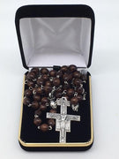 St. Francis Rosary Brown Wood Beads San Damiano Crucifix. - Unique Catholic Gifts