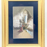 Our Lady of Lourdes with Bernadette in Matted Gold Frame 5 1/4" - Unique Catholic Gifts