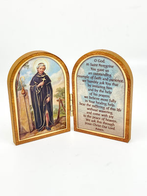 Saint Peregrine Natural Wood Standing Diptych - Unique Catholic Gifts