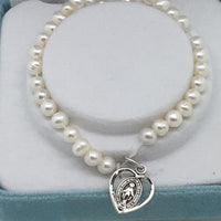 Child's Pearl Bracelet with Sterling Silver Heart shaped Miraculous Medal (4mm) - Unique Catholic Gifts