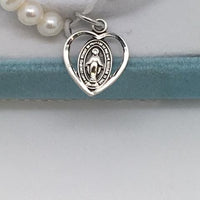 Child's Pearl Bracelet with Sterling Silver Heart shaped Miraculous Medal (4mm) - Unique Catholic Gifts