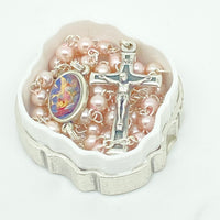 Petite Pink Glass Rosary with Guardian Angel Keepsake Box 4MM - Unique Catholic Gifts