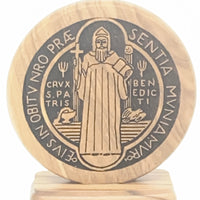 Carved Olive Wood  St. Benedict Medal on Base 2 1/2" - Unique Catholic Gifts
