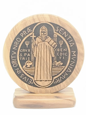 Carved Olive Wood  St. Benedict Medal on Base 2 1/2