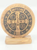 Carved Olive Wood  St. Benedict Medal on Base 2 1/2" - Unique Catholic Gifts