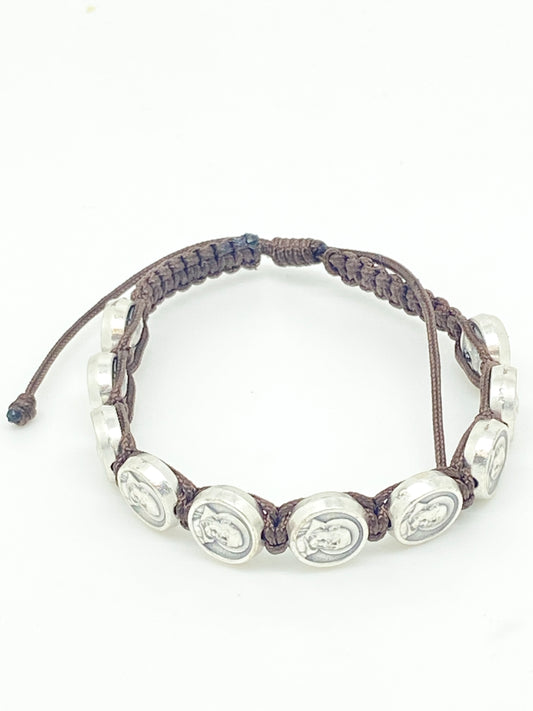 Saint Padre Pio Italian Medals and Slip Knot Bracelet (Brown) - Unique Catholic Gifts