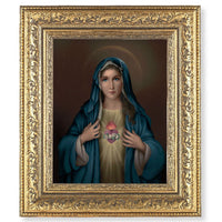 The Immaculate Heart  in Gold Leaf Frame 12 1/2" x !4 1/2" - Unique Catholic Gifts