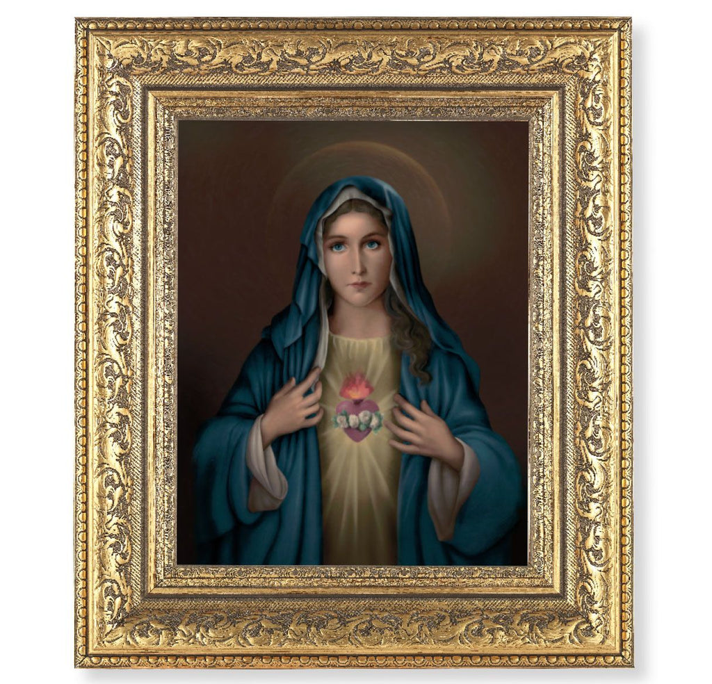 The Immaculate Heart  in Gold Leaf Frame 12 1/2" x !4 1/2" - Unique Catholic Gifts