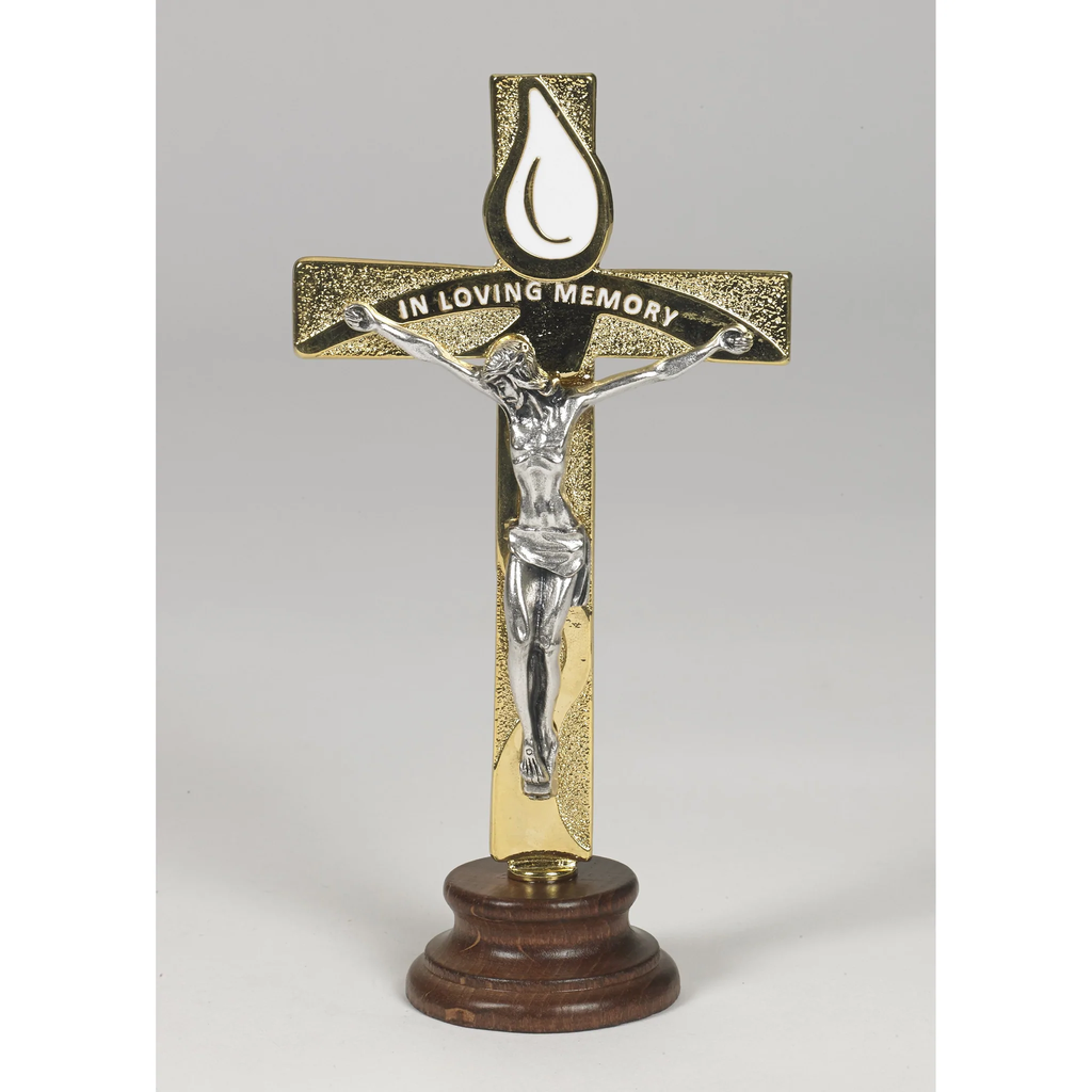 "In Loving Memory"  Gold Tone Standing Cross - Unique Catholic Gifts