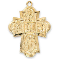 Gold over Sterling Silver 4-way medal (1 3/16") on 24" Gold plated chain - Unique Catholic Gifts