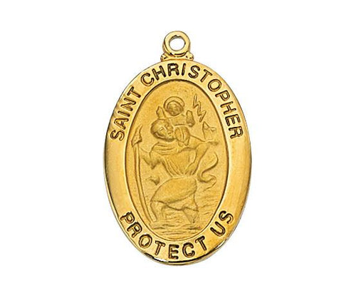 Gold over Sterling Silver St. Christopher Medal (1 x 5/8") on 20" gold plated chain - Unique Catholic Gifts